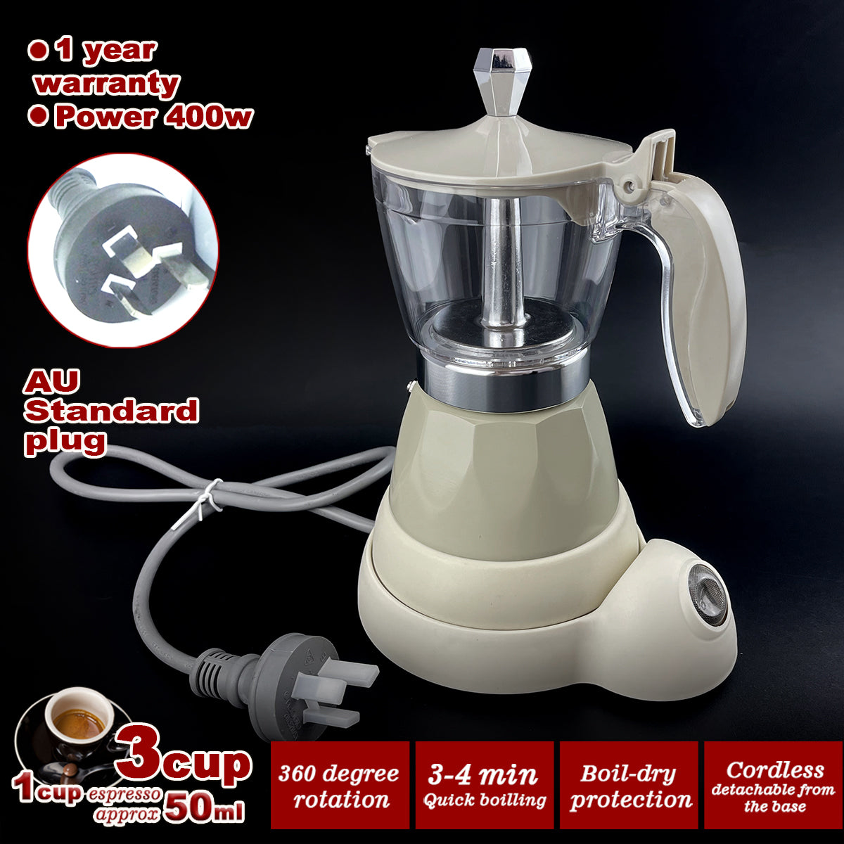 Latest Styles Electric Aluminum Espresso Moka Coffee Maker | 3 Cups | Italian Classic | Cream Finish