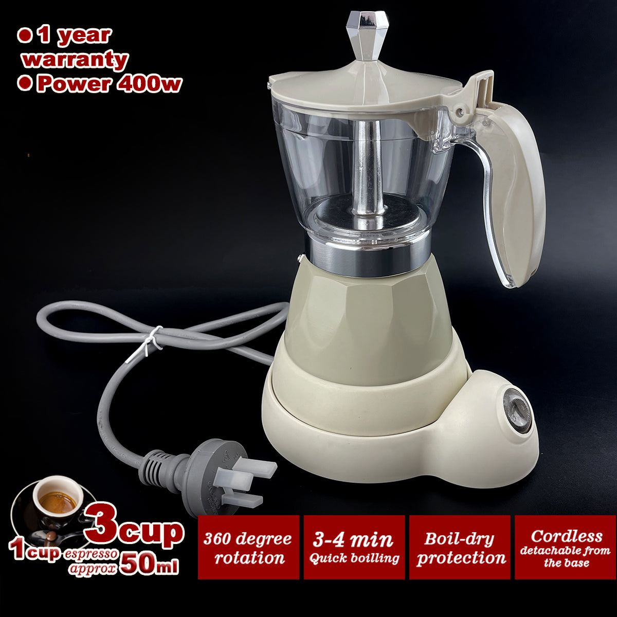 Latest Styles Electric Aluminum Espresso Moka Coffee Maker | 3 Cups | Italian Classic | Cream Finish