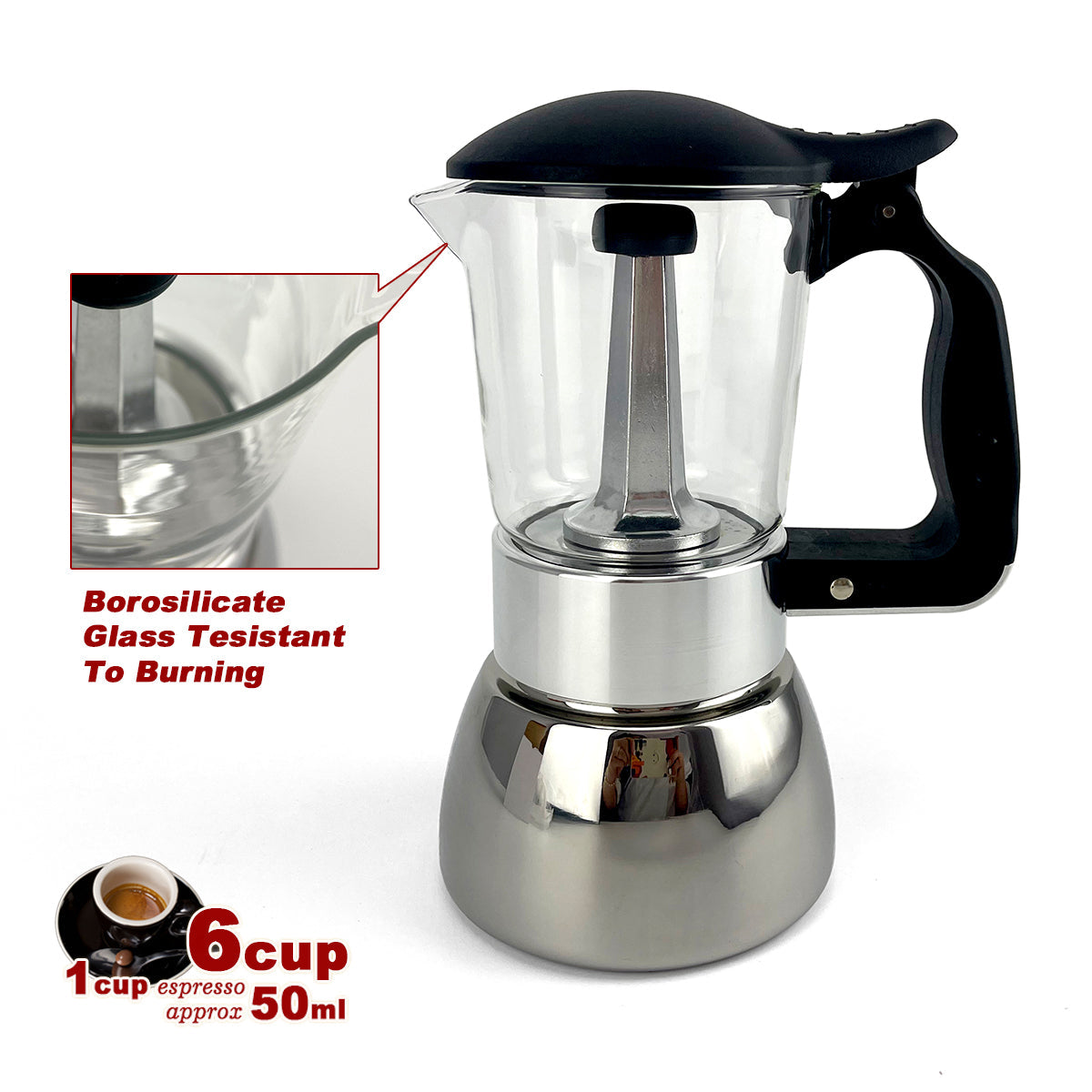 Borosilicate Glass Stainless Steel Moka Pot Coffee Maker | Italian Espresso | 6 Cups