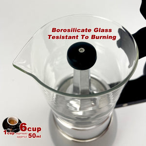 Borosilicate Glass Stainless Steel Moka Pot Coffee Maker | Italian Espresso | 6 Cups