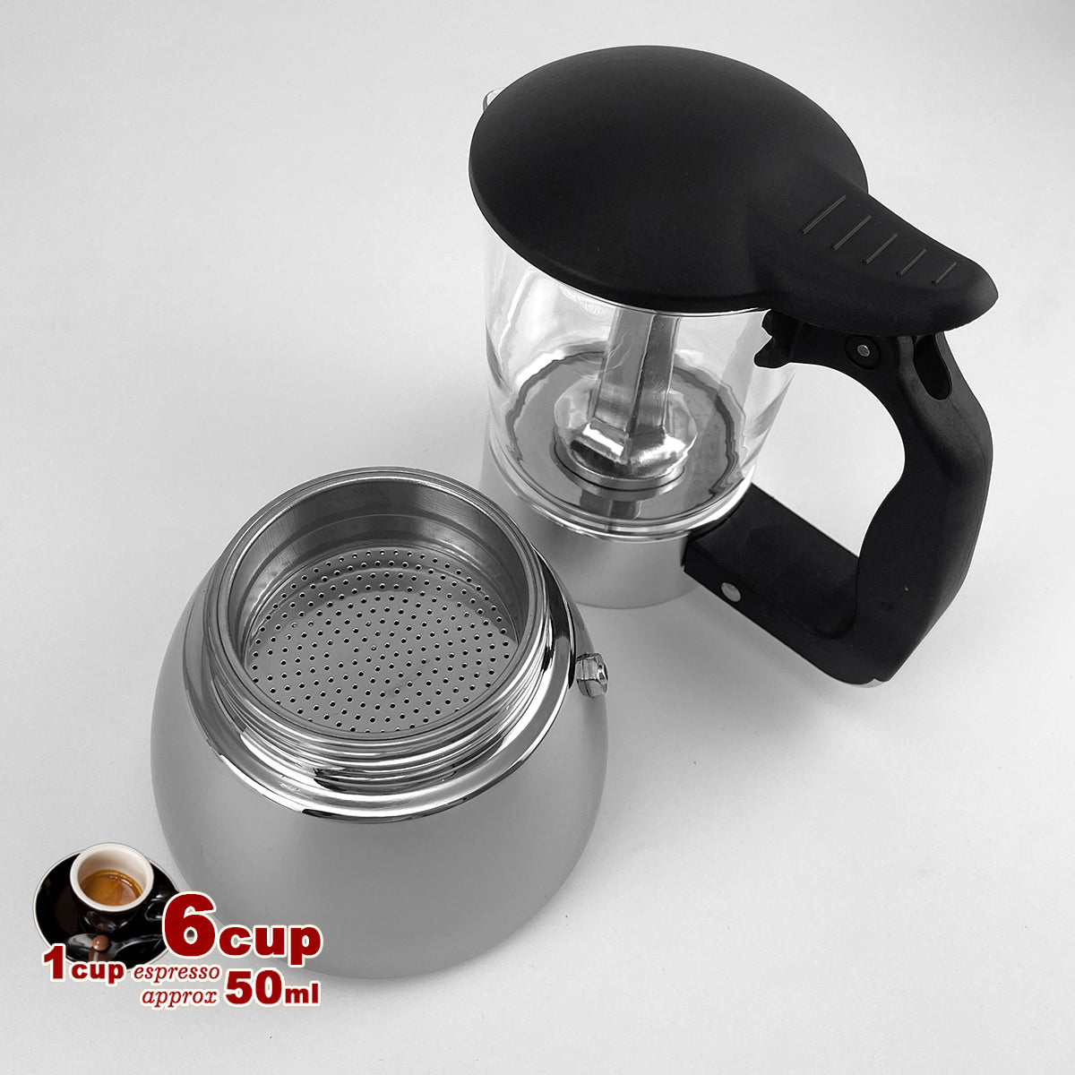 Borosilicate Glass Stainless Steel Moka Pot Coffee Maker | Italian Espresso | 6 Cups