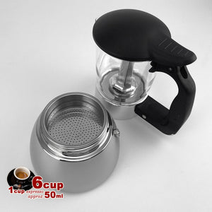 Borosilicate Glass Stainless Steel Moka Pot Coffee Maker | Italian Espresso | 6 Cups