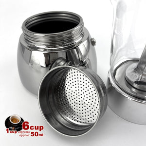 Borosilicate Glass Stainless Steel Moka Pot Coffee Maker | Italian Espresso | 6 Cups