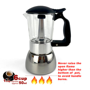 Borosilicate Glass Stainless Steel Moka Pot Coffee Maker | Italian Espresso | 6 Cups