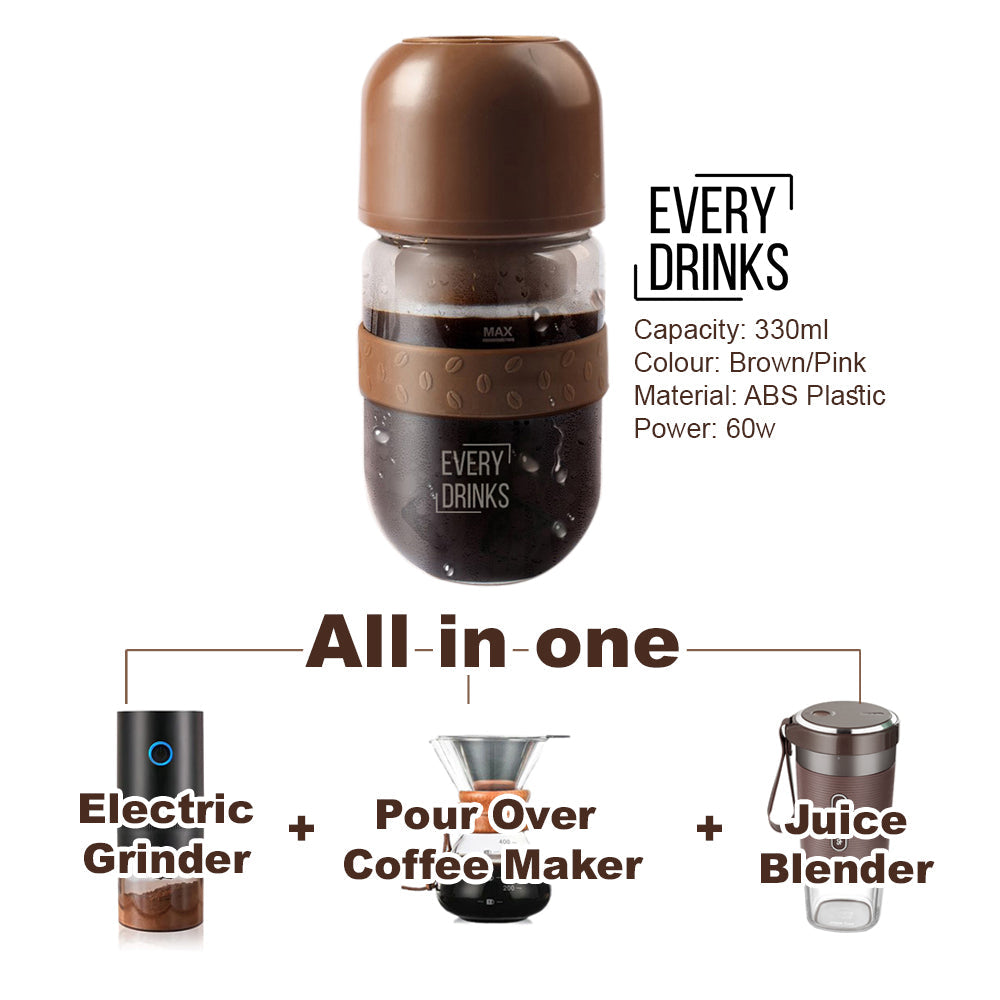 Brown All-in-1 Anywhere Portable Drip Pour Over Coffee Maker + Electric Grinder + Juice Blender | Freshly Ground Coffee