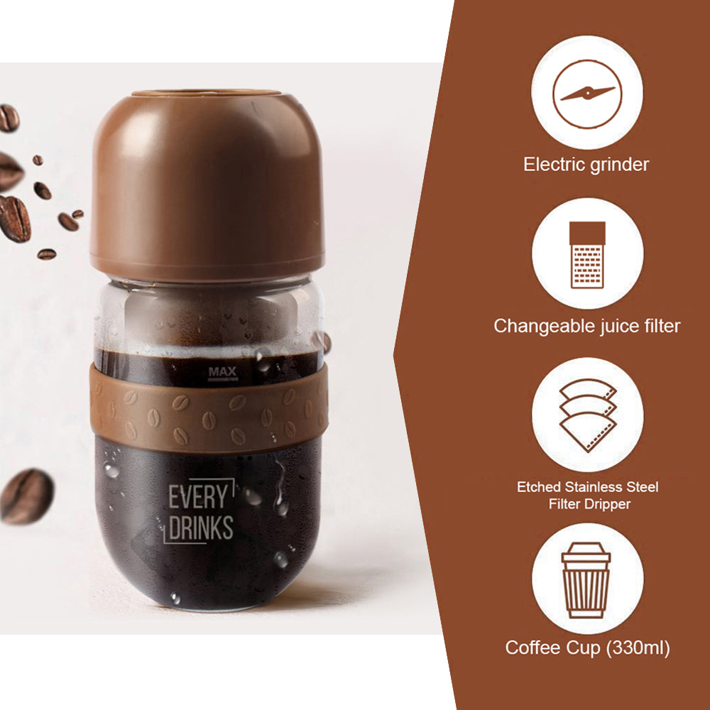 Brown All-in-1 Anywhere Portable Drip Pour Over Coffee Maker + Electric Grinder + Juice Blender | Freshly Ground Coffee