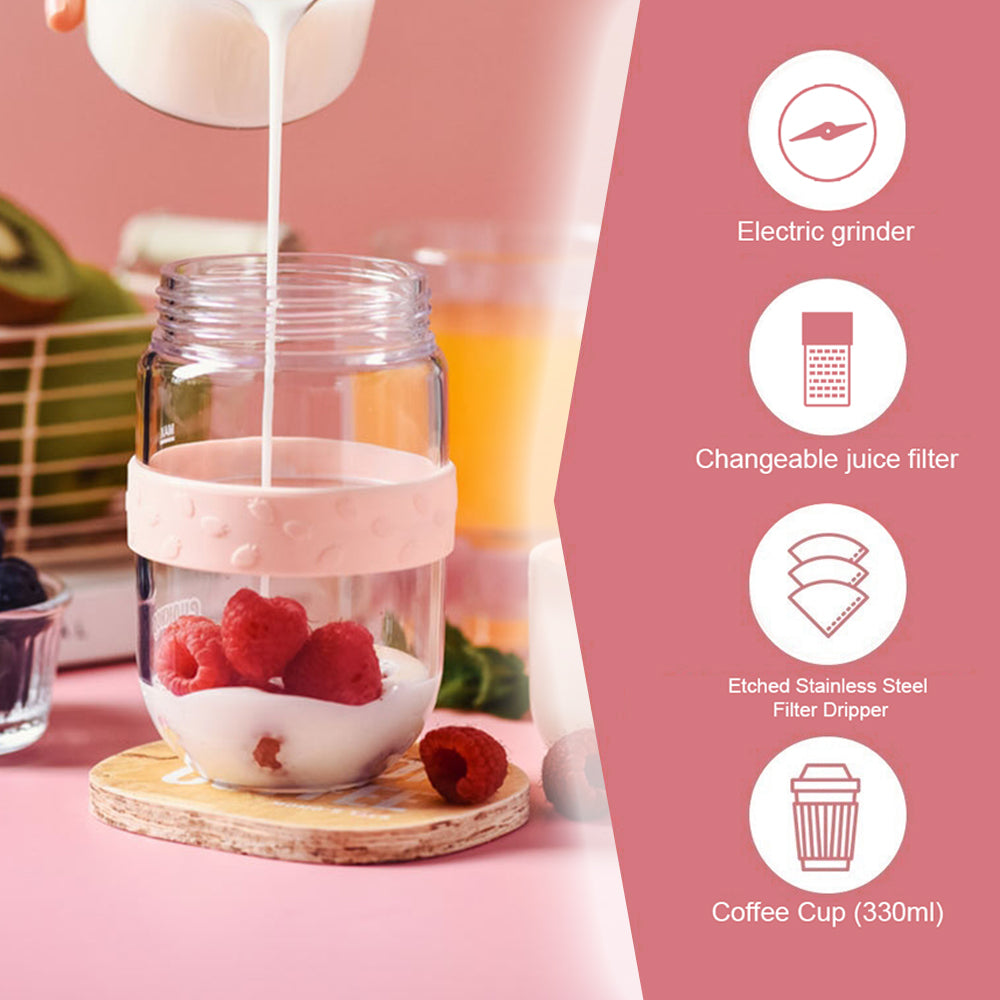 Pink All-in-1 Anywhere Portable Drip Pour Over Coffee Maker + Electric Grinder + Juice Blender | Freshly Ground Coffee