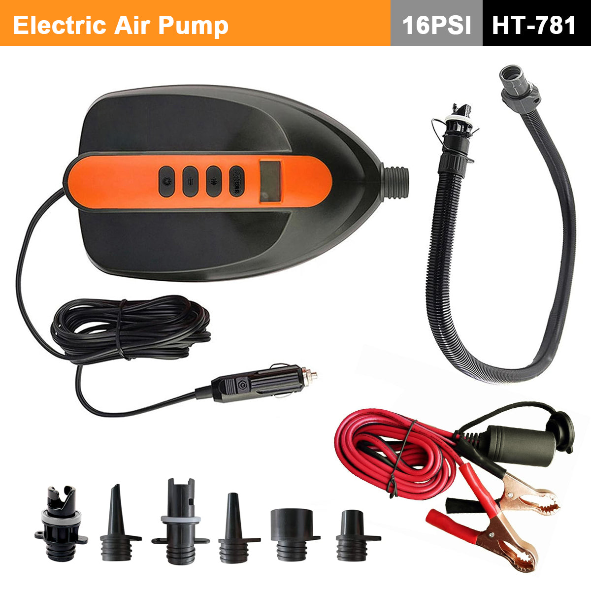 Electric 16PSI HT-781 High-Pressure SUP Electric Air Pump | 12V DC | Paddle Board | Auto-Off