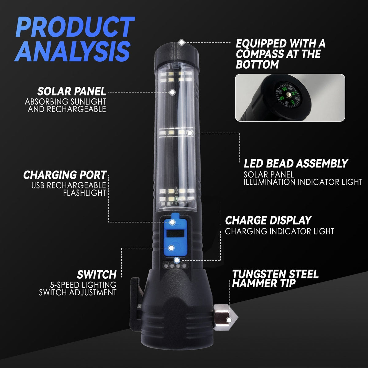 Brillar 150 Lumen Solar Power USB Rechargeable Multifunction Trekking Torch