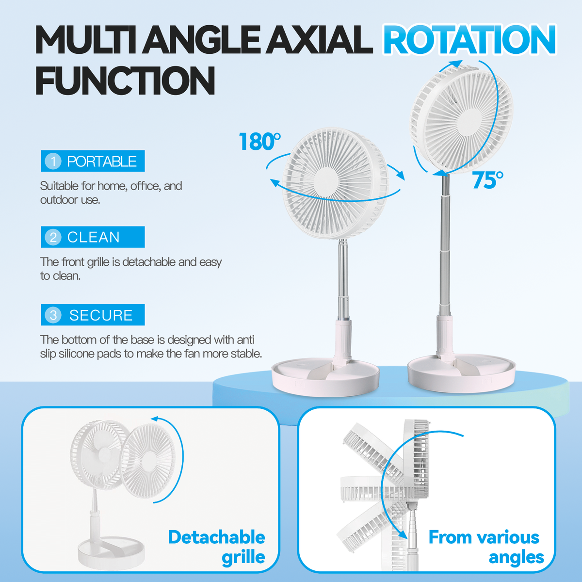 Folding Telescopic Rechargeable Fan | 4.5W | Portable Height & Tilt Adjustable | Cordless Cooling