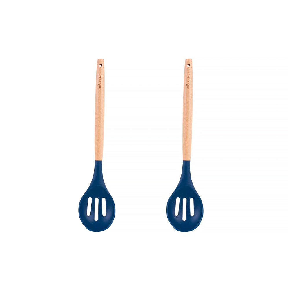 2-Piece Beechwood & Silicone Slotted Spoon Set | Navy