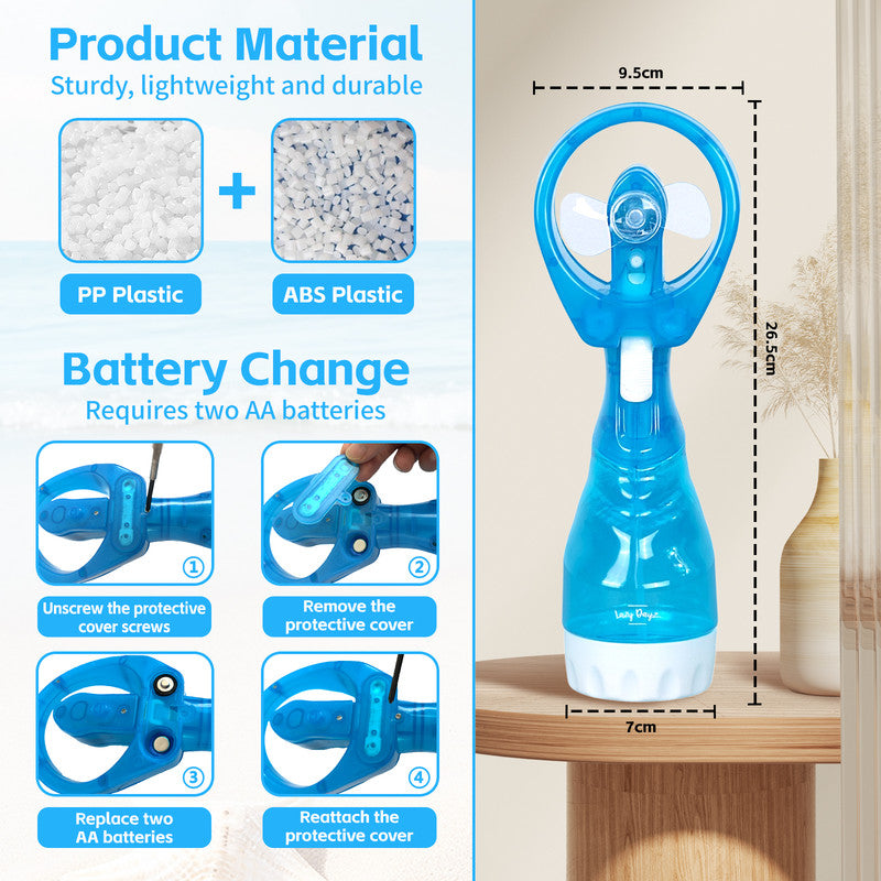 Handheld Battery-Powered Personal Water Spray Fan | Blue | Portable Cooling Mist Fan