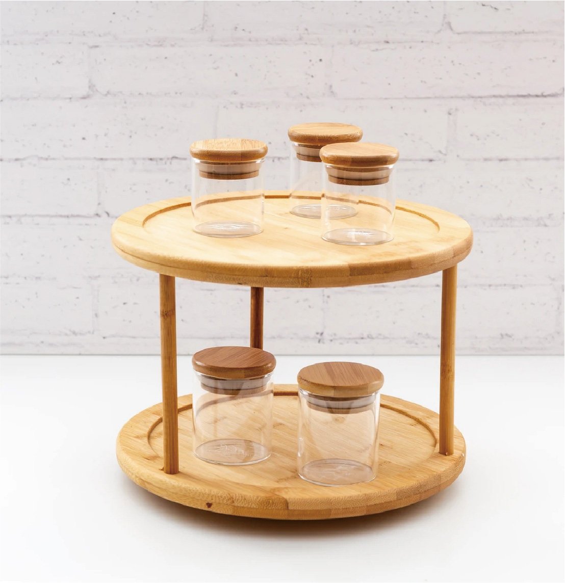 Bamboo Lazy Susan Turntable | 2-Tier Rotating Organizer | Kitchen Storage Solution