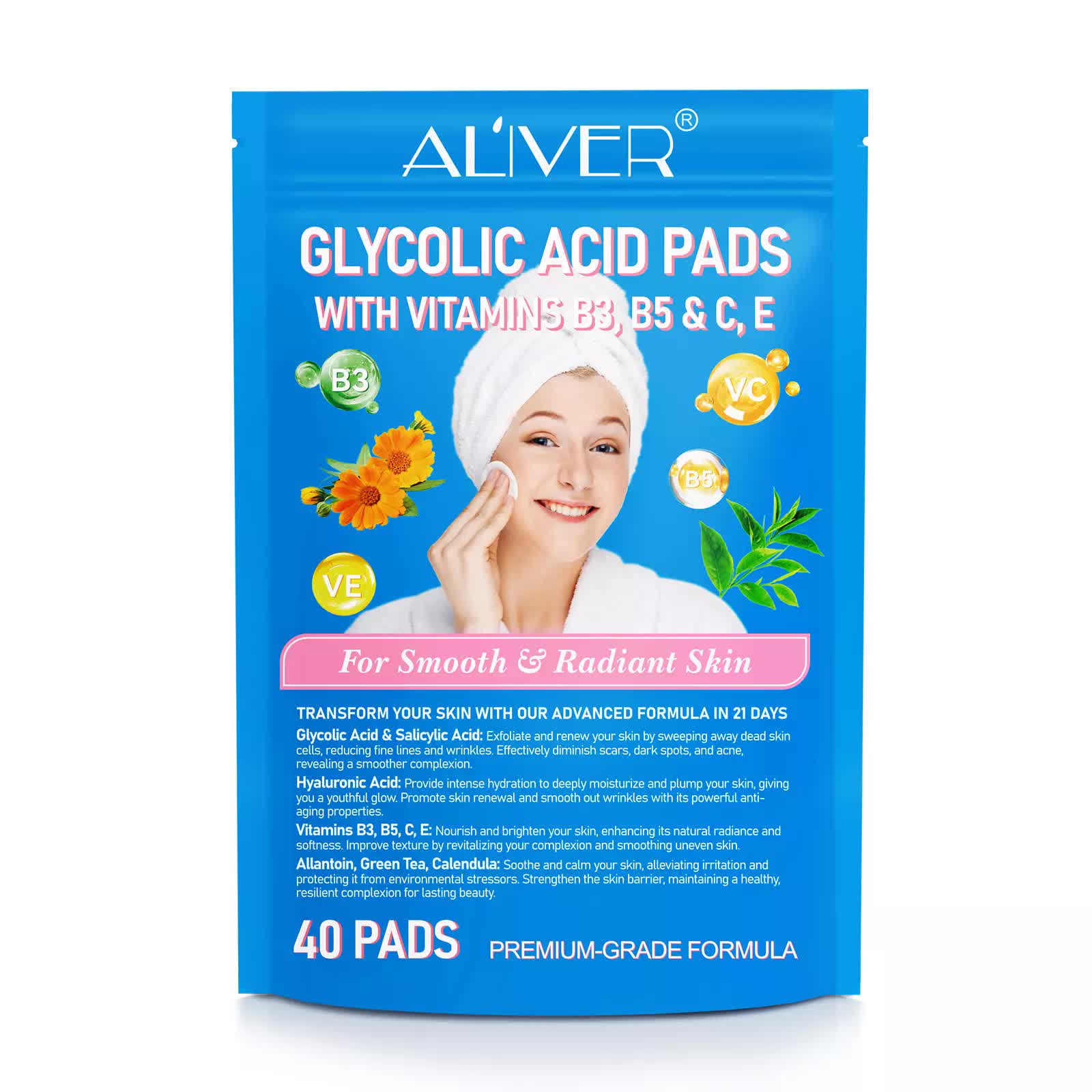 ALIVER Glycolic Acid Pads with Vitamins B3, B5 & C, E | 40 Pads