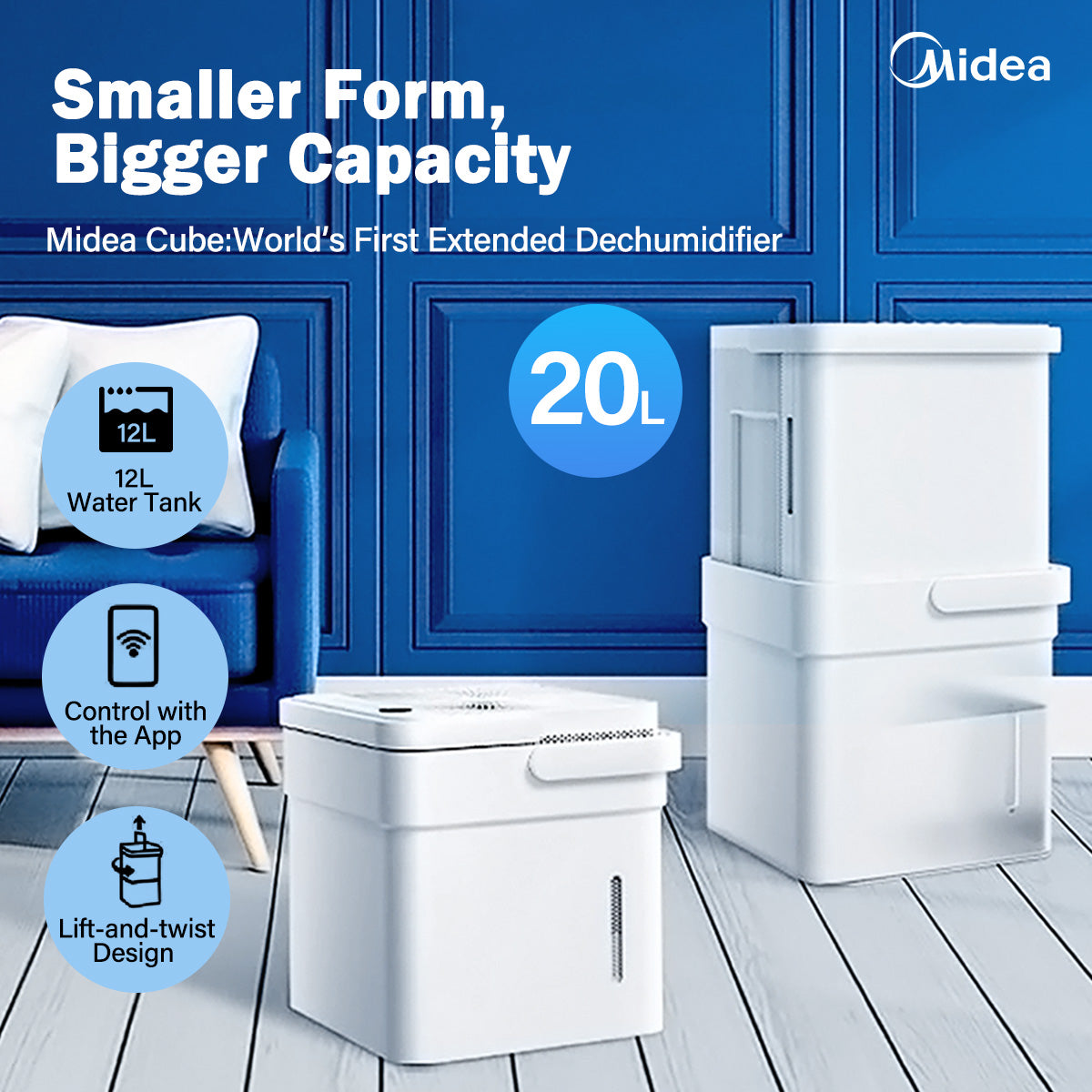Midea Smart Cube Dehumidifier | 20L/Day | 12L Water Tank | Compact Storage | Full Water Warning