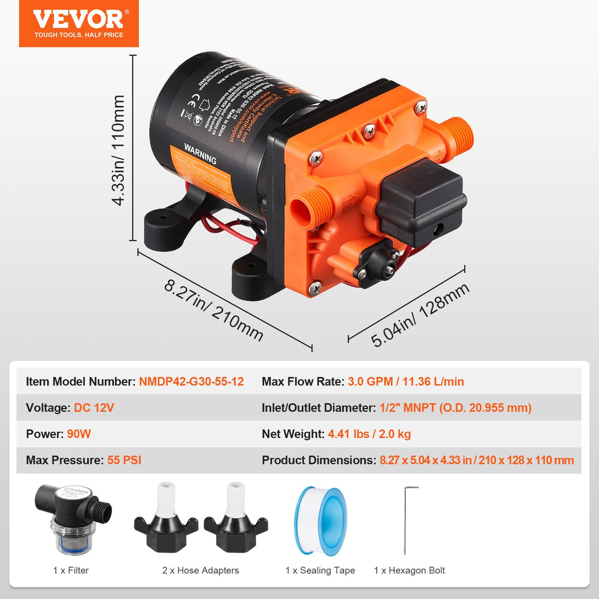 Diaphragm Pump 3GPM | 11.36L/min | 4-Chamber Water Pump with Pressure Switch