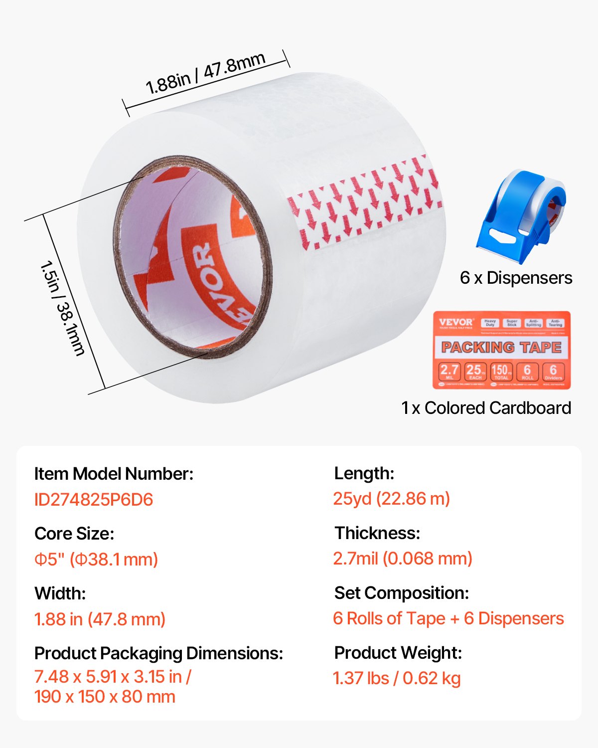 Packing Tape | 6 Rolls 25 Yards Clear 2.7 Mil with Dispenser