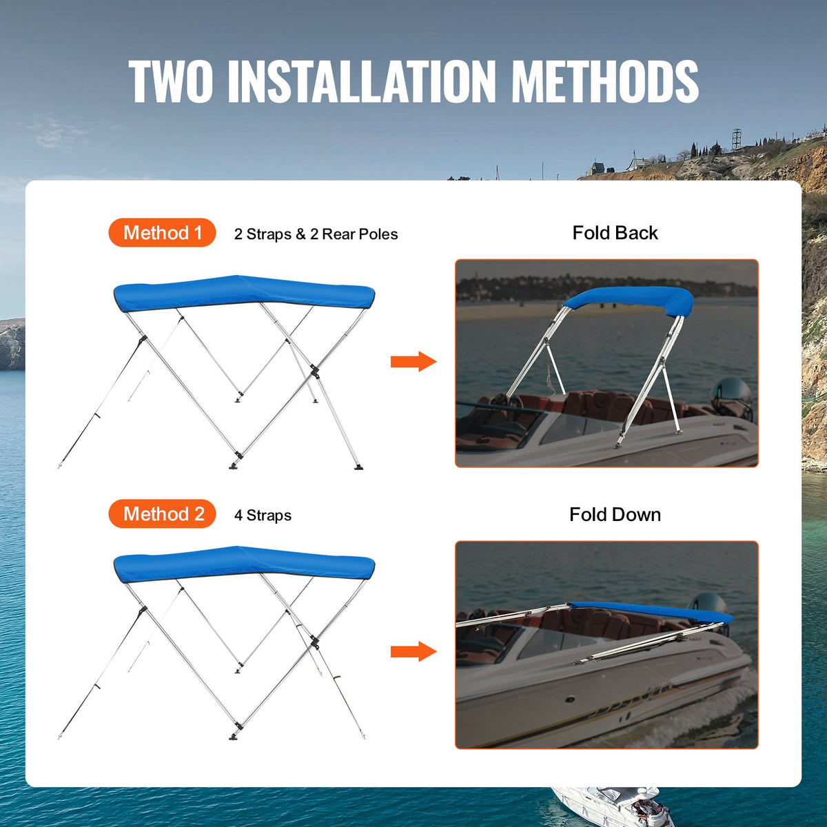 Bimini Top Boat Cover 3 Bow | 900D Polyester Canopy & Aluminum Frame | 6'L x 46"H x 61"-66"W | Blue