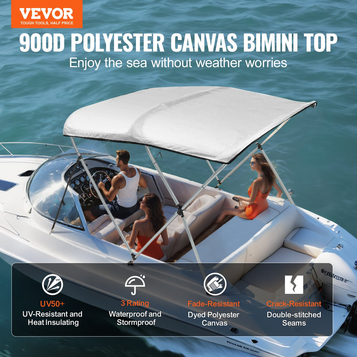 Bimini Top Boat Cover 3 Bow | 900D Polyester Canopy & Aluminum Frame | 6'L x 46"H x 67"-72"W | Light Grey