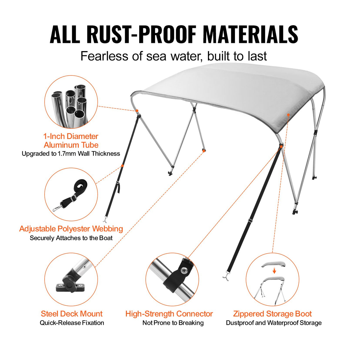 Bimini Top Boat Cover 3 Bow | 900D Polyester Canopy & Aluminum Frame | 6'L x 46"H x 67"-72"W | Light Grey