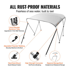 Bimini Top Boat Cover 3 Bow | 900D Polyester Canopy & Aluminum Frame | 6'L x 46"H x 67"-72"W | Light Grey