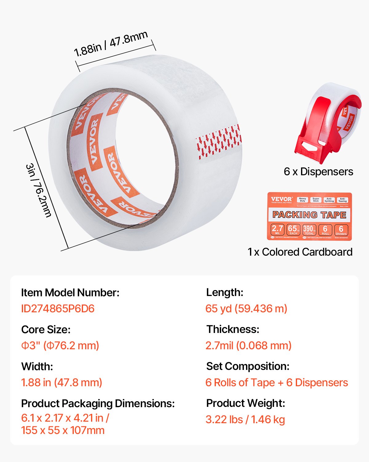 Packing Tape | 6 Rolls 65 Yards Clear 2.7 Mil with Dispenser