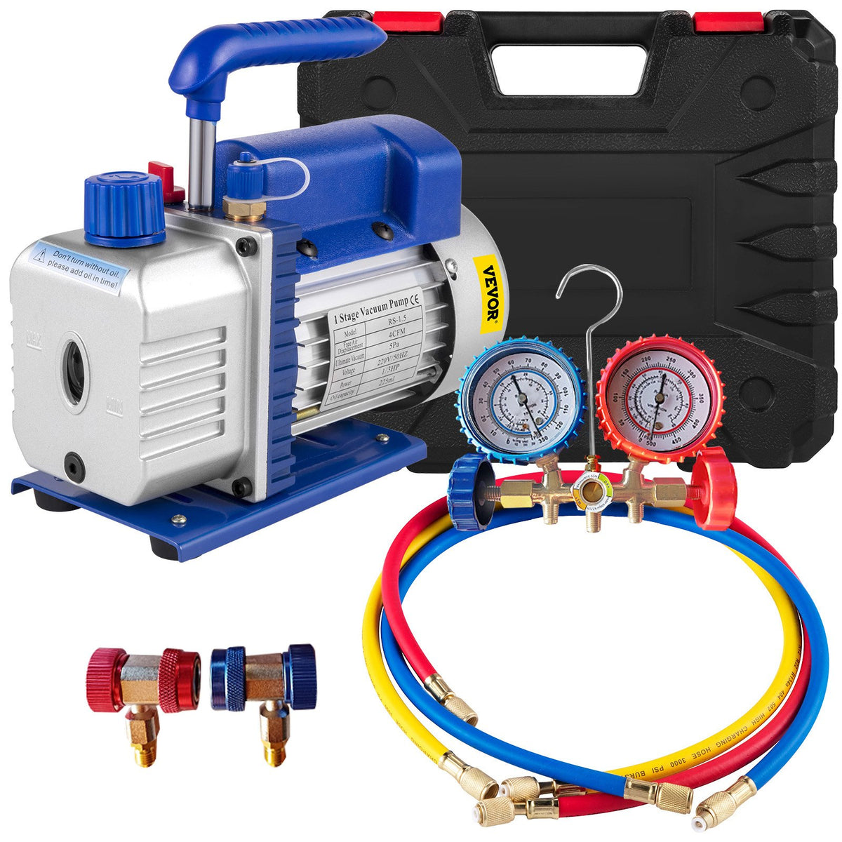 Rotary Vane Vacuum Pump Kit | 4CFM 1/4HP + R134A Manifold Gauge & Hoses