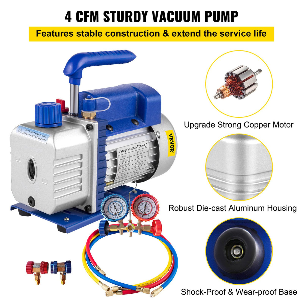 Rotary Vane Vacuum Pump Kit | 4CFM 1/4HP + R134A Manifold Gauge & Hoses