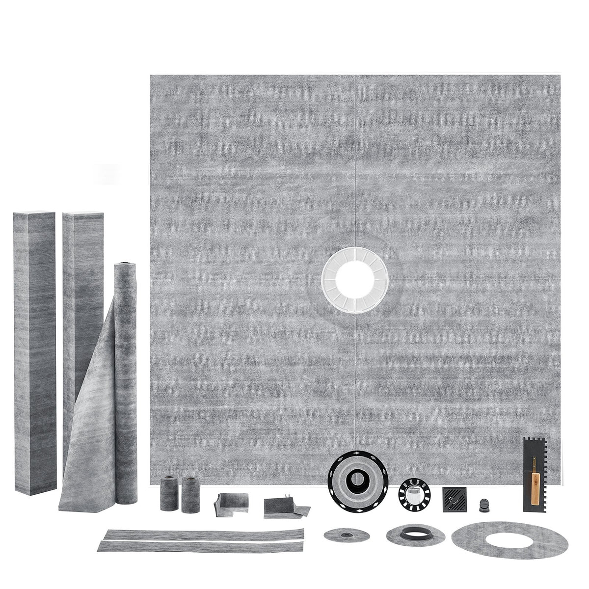 Shower Curb Kit 72"x72" | ABS Central Flange with Stainless Steel Grate | Waterproof Membrane & Strips | For Bathroom Installation