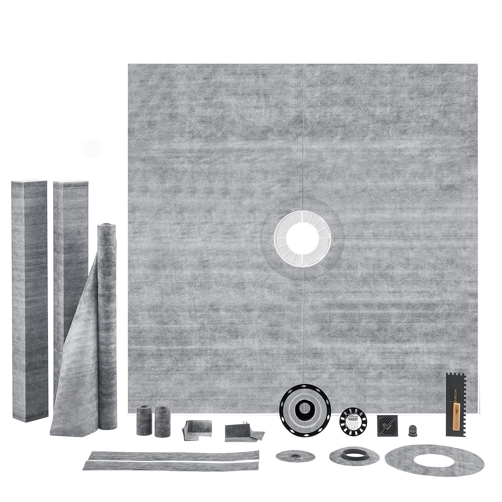 Shower Curb Kit 72"x72" | ABS Central Flange with Stainless Steel Grate | Waterproof Membrane & Strips | For Bathroom Installation
