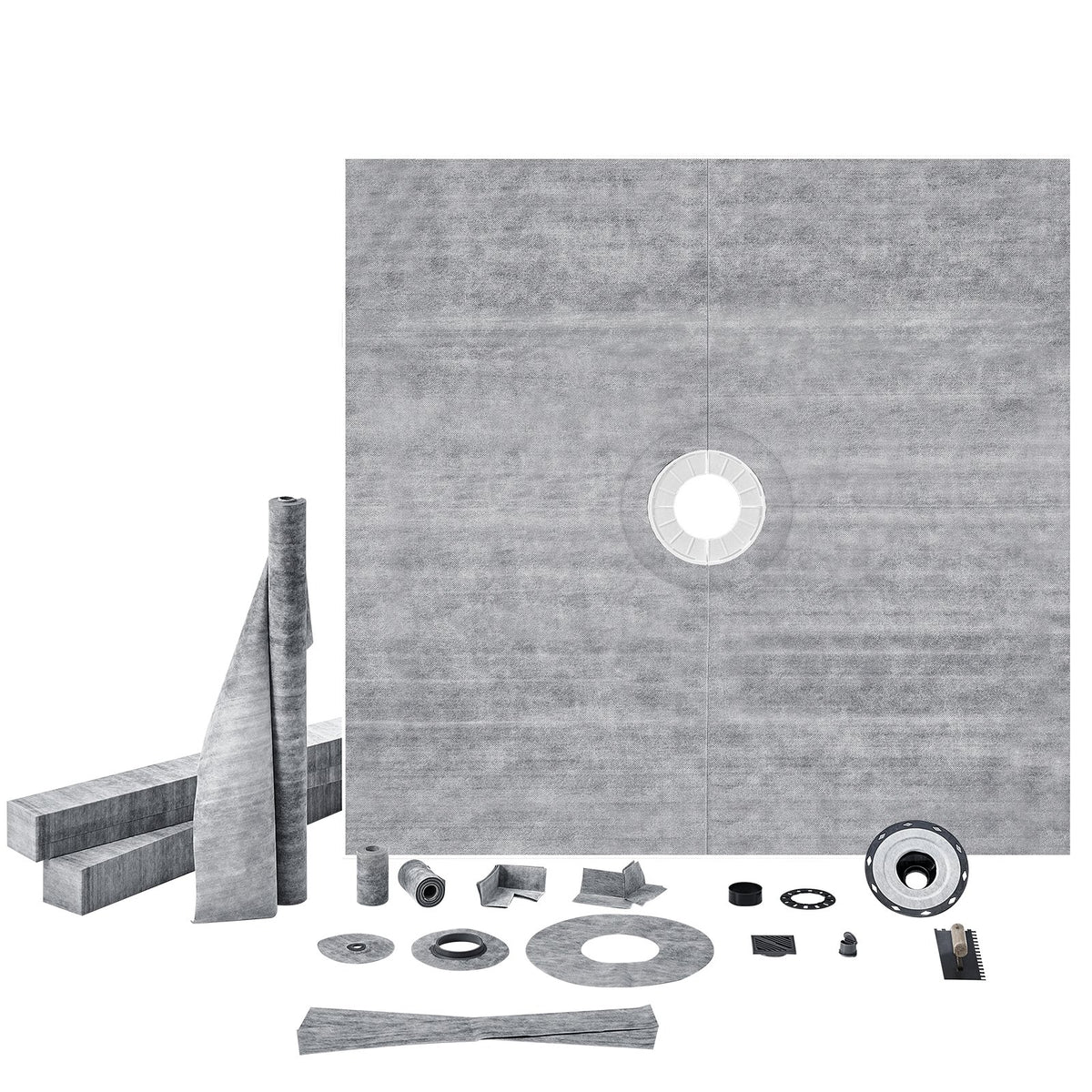Shower Curb Kit 72"x72" | ABS Central Flange with Stainless Steel Grate | Waterproof Membrane & Strips | For Bathroom Installation