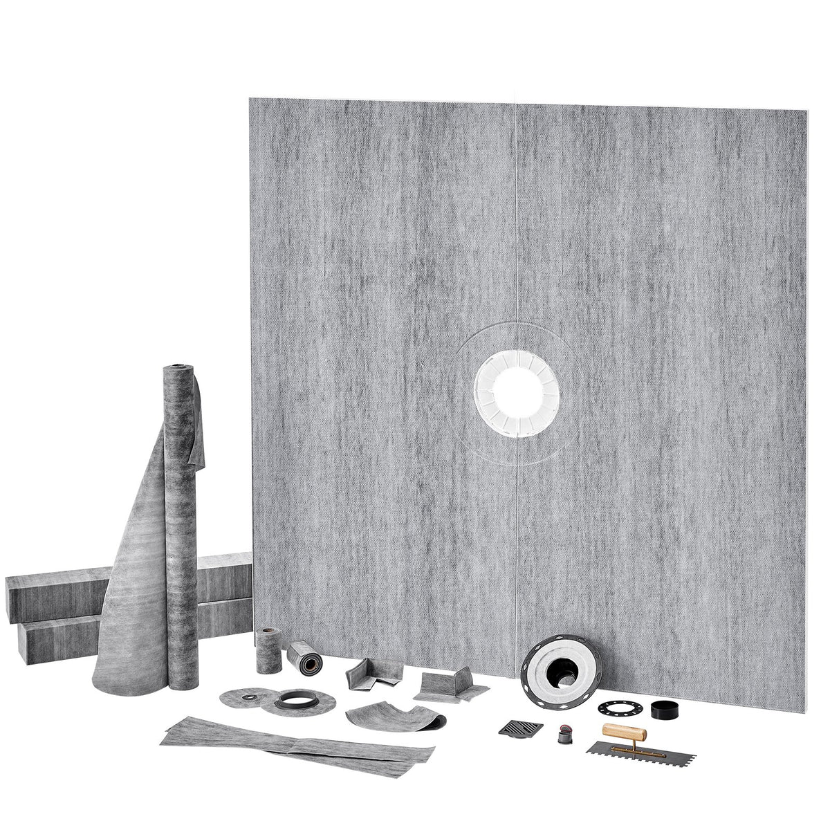 Shower Curb Kit 72"x72" | ABS Central Flange with Stainless Steel Grate | Waterproof Membrane & Strips | For Bathroom Installation