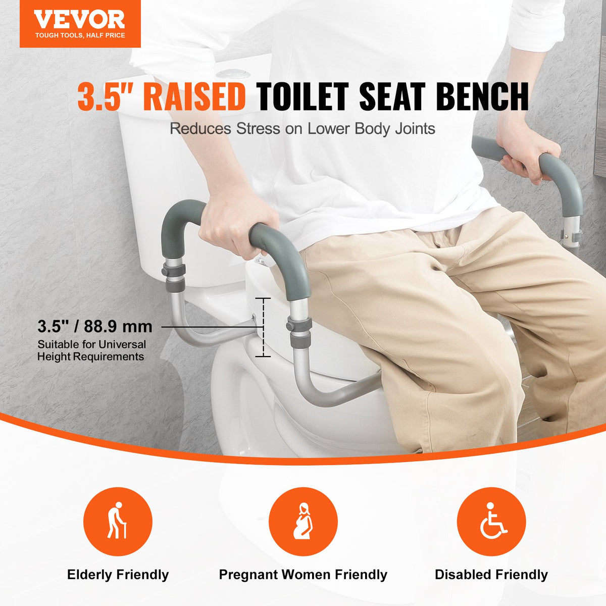 Raised Toilet Seat 88.9mm | Aluminum Handrail & EVA Padding | 136kg Capacity