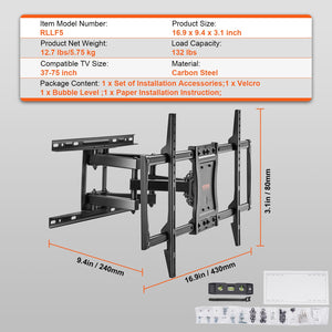 Full Motion TV Wall Mount | Fits 37-75 Inch TVs | Swivel, Tilt & Horizontal Adjustment | 4 Articulating Arms | Max VESA 600x400mm | Holds 60kg