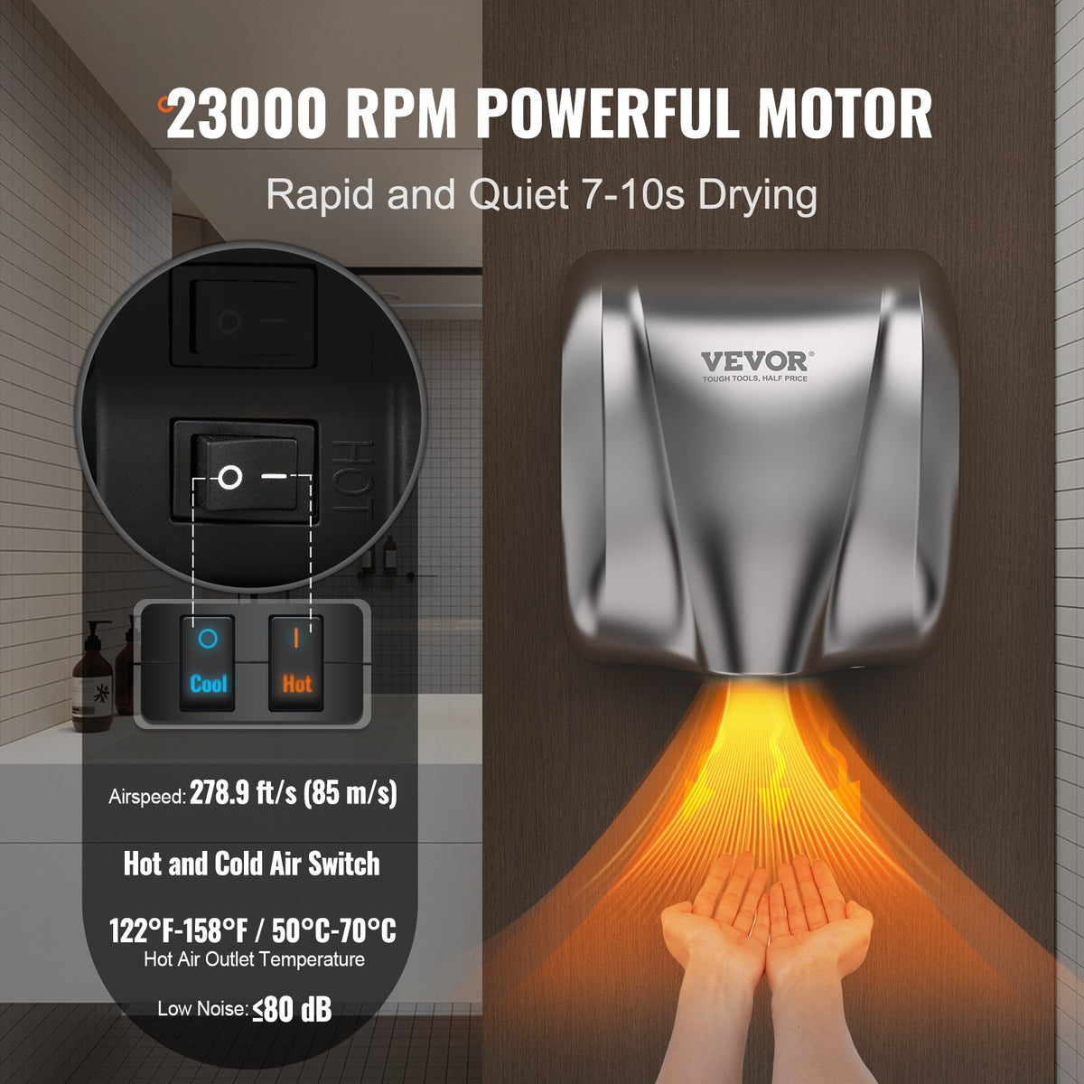 Commercial Hand Dryer 1800W | Automatic High Speed Warm Air Blower | Stainless Steel | Plug-In or Hardwired | For Business & Public Restrooms | 220-240V