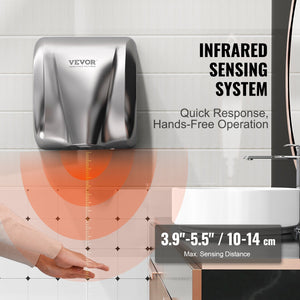 Commercial Hand Dryer 1800W | Automatic High Speed Warm Air Blower | Stainless Steel | Plug-In or Hardwired | For Business & Public Restrooms | 220-240V