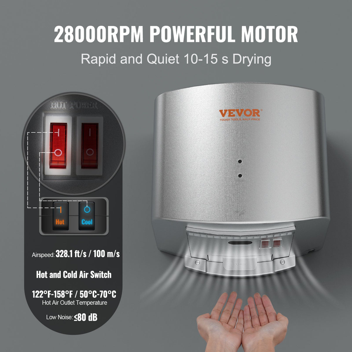 Commercial Hand Dryer 1400W | Automatic High-Speed Warm Air | Low Noise Design