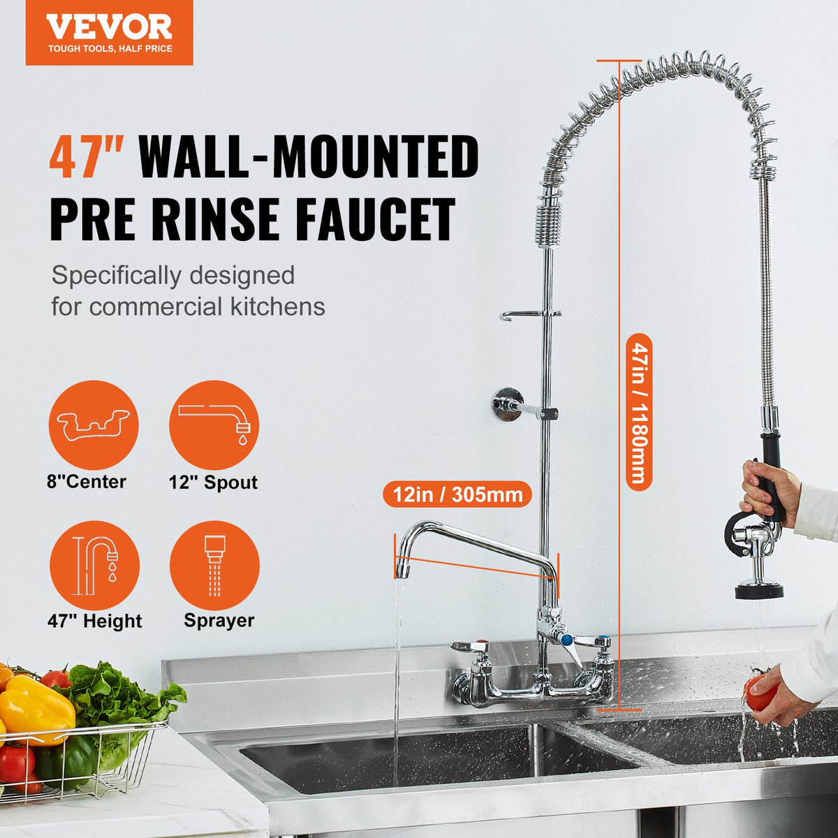 Commercial Faucet with Pre-Rinse Sprayer 47" | Wall Mount Kitchen Sink Tap with 12" Spout | Fits 1/2/3 Compartment Sinks