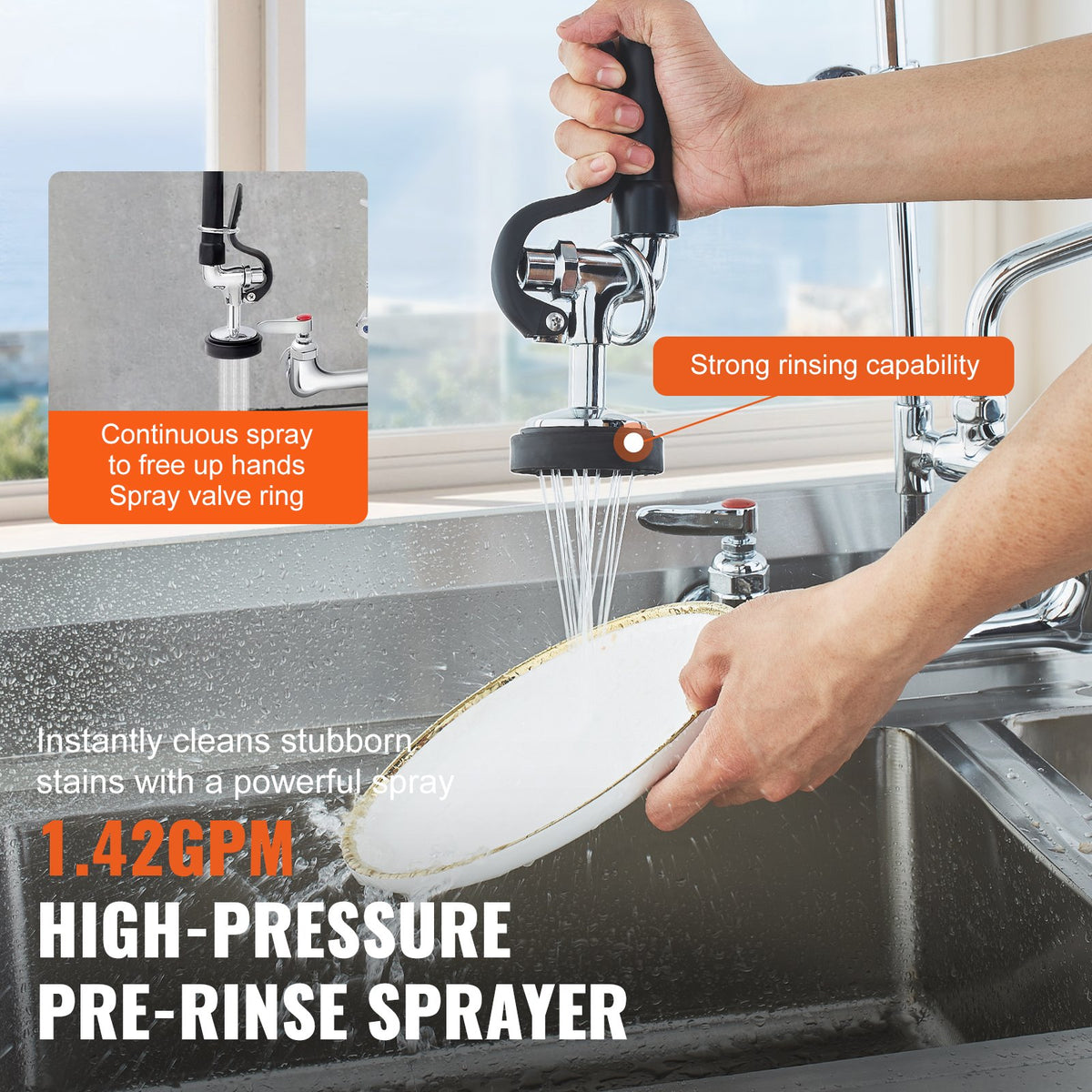 Commercial Faucet with Pre-Rinse Sprayer 47" | Wall Mount Kitchen Sink Tap with 12" Spout | Fits 1/2/3 Compartment Sinks