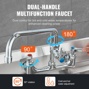 Commercial Faucet with Pre-Rinse Sprayer 47" | Wall Mount Kitchen Sink Tap with 12" Spout | Fits 1/2/3 Compartment Sinks