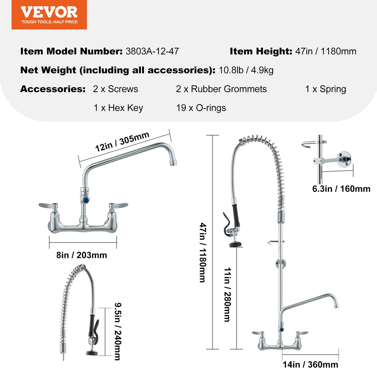 Commercial Faucet with Pre-Rinse Sprayer 47" | Wall Mount Kitchen Sink Tap with 12" Spout | Fits 1/2/3 Compartment Sinks