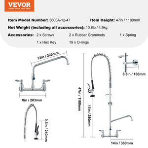 Commercial Faucet with Pre-Rinse Sprayer 47" | Wall Mount Kitchen Sink Tap with 12" Spout | Fits 1/2/3 Compartment Sinks