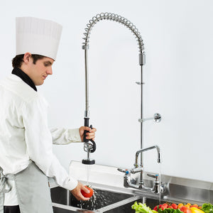 Commercial Faucet with Pre-Rinse Sprayer 47" | Wall Mount Kitchen Sink Tap with 12" Spout | Fits 1/2/3 Compartment Sinks