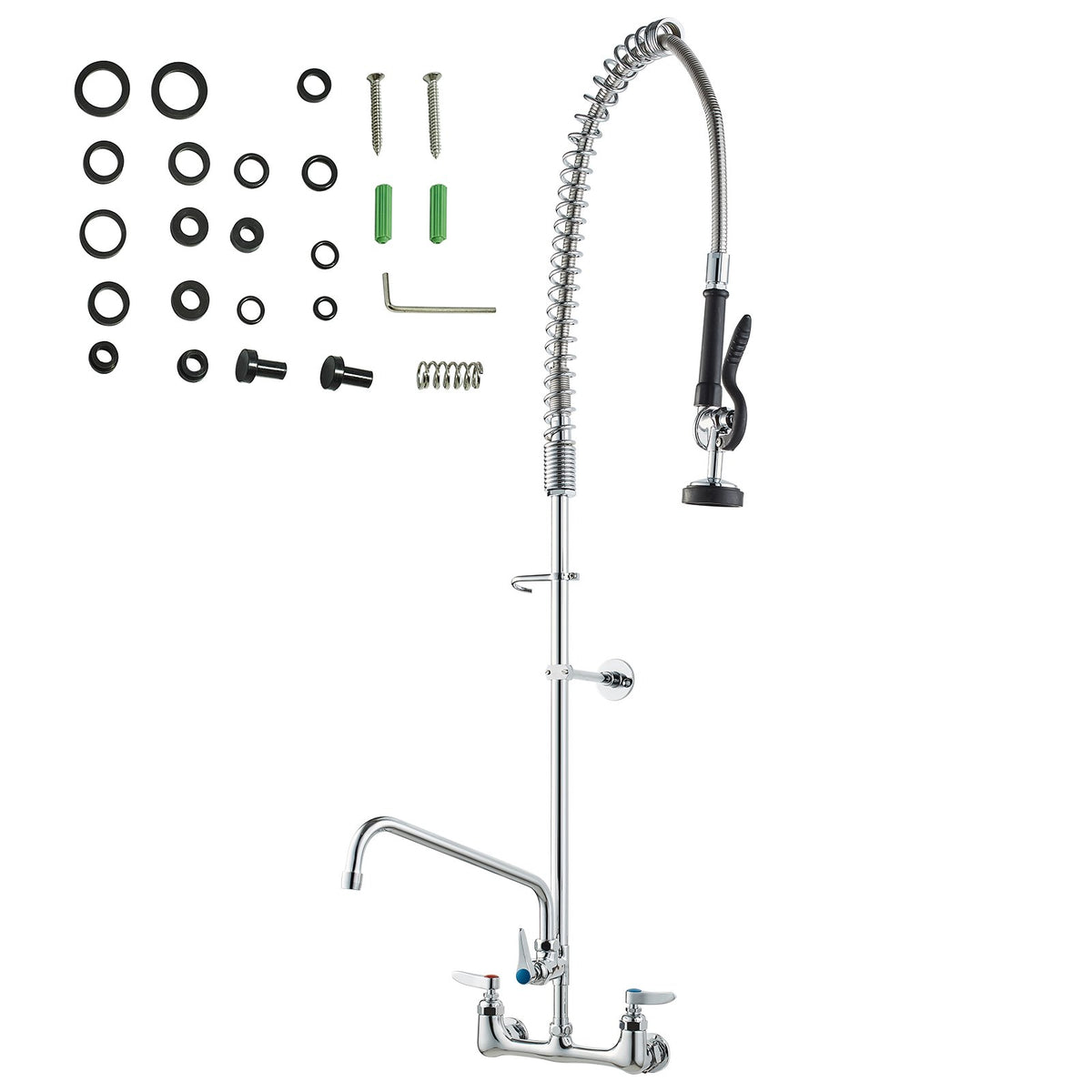 Commercial Faucet with Pre-Rinse Sprayer 47" | Wall Mount Kitchen Sink Tap with 12" Spout | Fits 1/2/3 Compartment Sinks