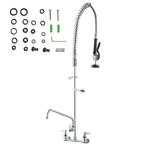 Commercial Faucet with Pre-Rinse Sprayer 47" | Wall Mount Kitchen Sink Tap with 12" Spout | Fits 1/2/3 Compartment Sinks