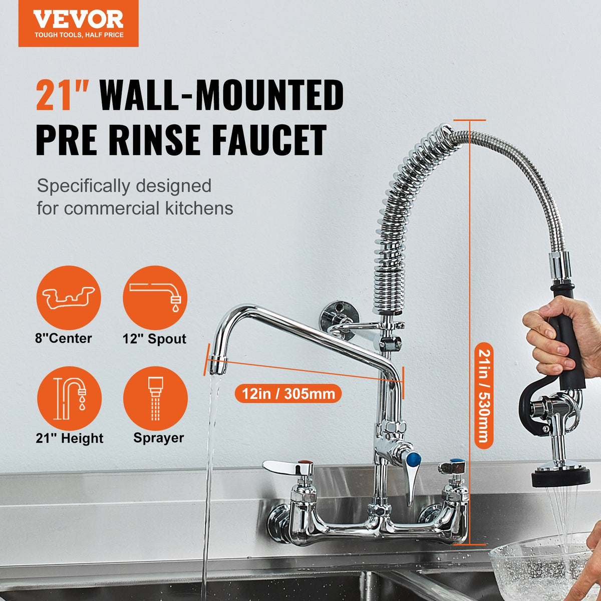Commercial Faucet with Pre-Rinse Sprayer | 21" Height | Wall Mount Brass with 12" Spout