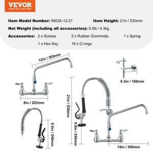 Commercial Faucet with Pre-Rinse Sprayer | 21" Height | Wall Mount Brass with 12" Spout