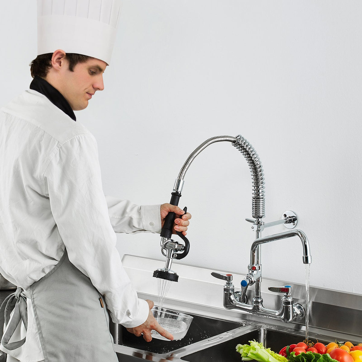 Commercial Faucet with Pre-Rinse Sprayer | 21" Height | Wall Mount Brass with 12" Spout