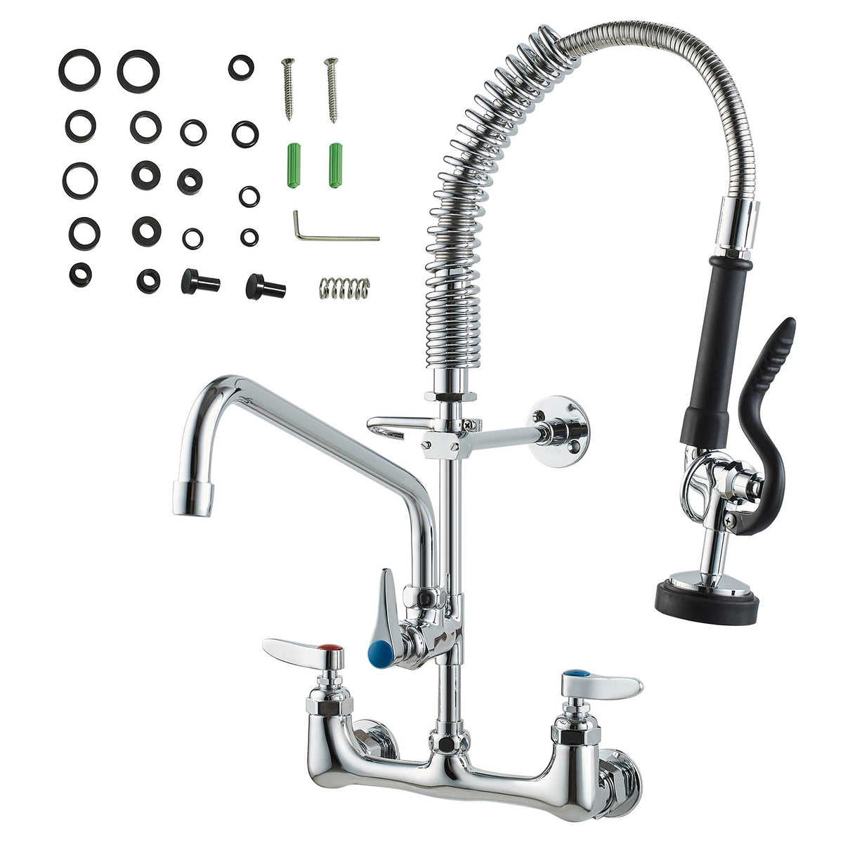 Commercial Faucet with Pre-Rinse Sprayer | 21" Height | Wall Mount Brass with 12" Spout