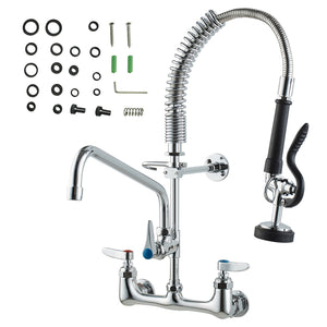 Commercial Faucet with Pre-Rinse Sprayer | 21" Height | Wall Mount Brass with 12" Spout